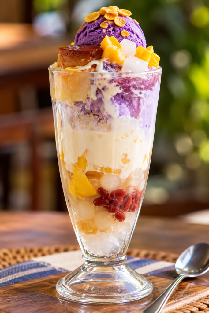 Filipino halo-halo dessert in a tall glass with purple ube ice cream, leche flan, fruit, beans and shaved ice