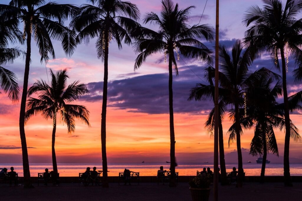 Palm trees silhouetted against a colourful pink and orange sunset along Manila Baywalk