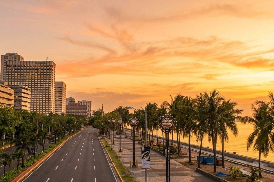 Manila Baywalk lined with palm trees beside a quiet road, with buildings and an orange sunset sky