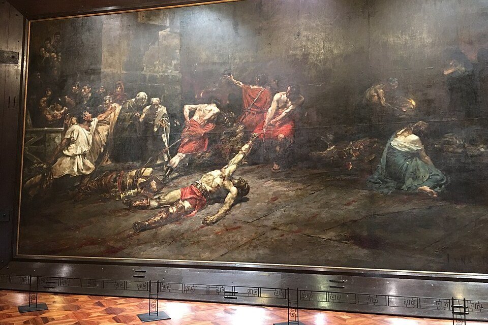 Spoliarium painting by Juan Luna displayed at the National Museum of Fine Arts in Manila, depicting fallen gladiators
